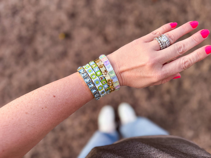 Accessories, Bracelets - Enamel Stretch Bracelet - Square Gems - Libby - Asst Colors - - Cultured Cloths Apparel