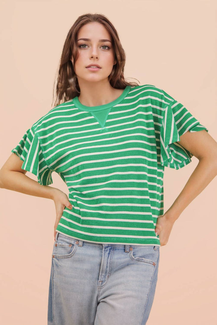 Oversized Ruffle Sleeve Casual Stripe Knit Top