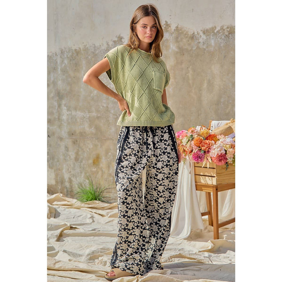 FLORAL JACQUARD SIDE LACE TRIM ELASTIC PANTS