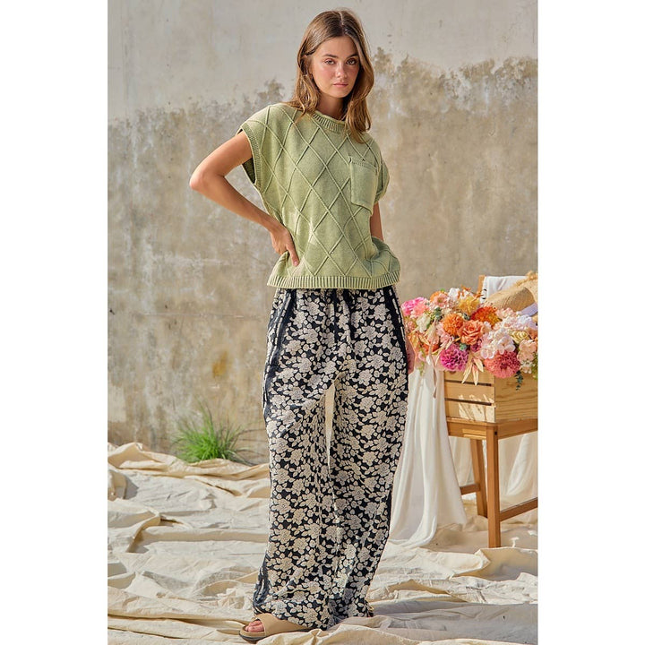 FLORAL JACQUARD SIDE LACE TRIM ELASTIC PANTS