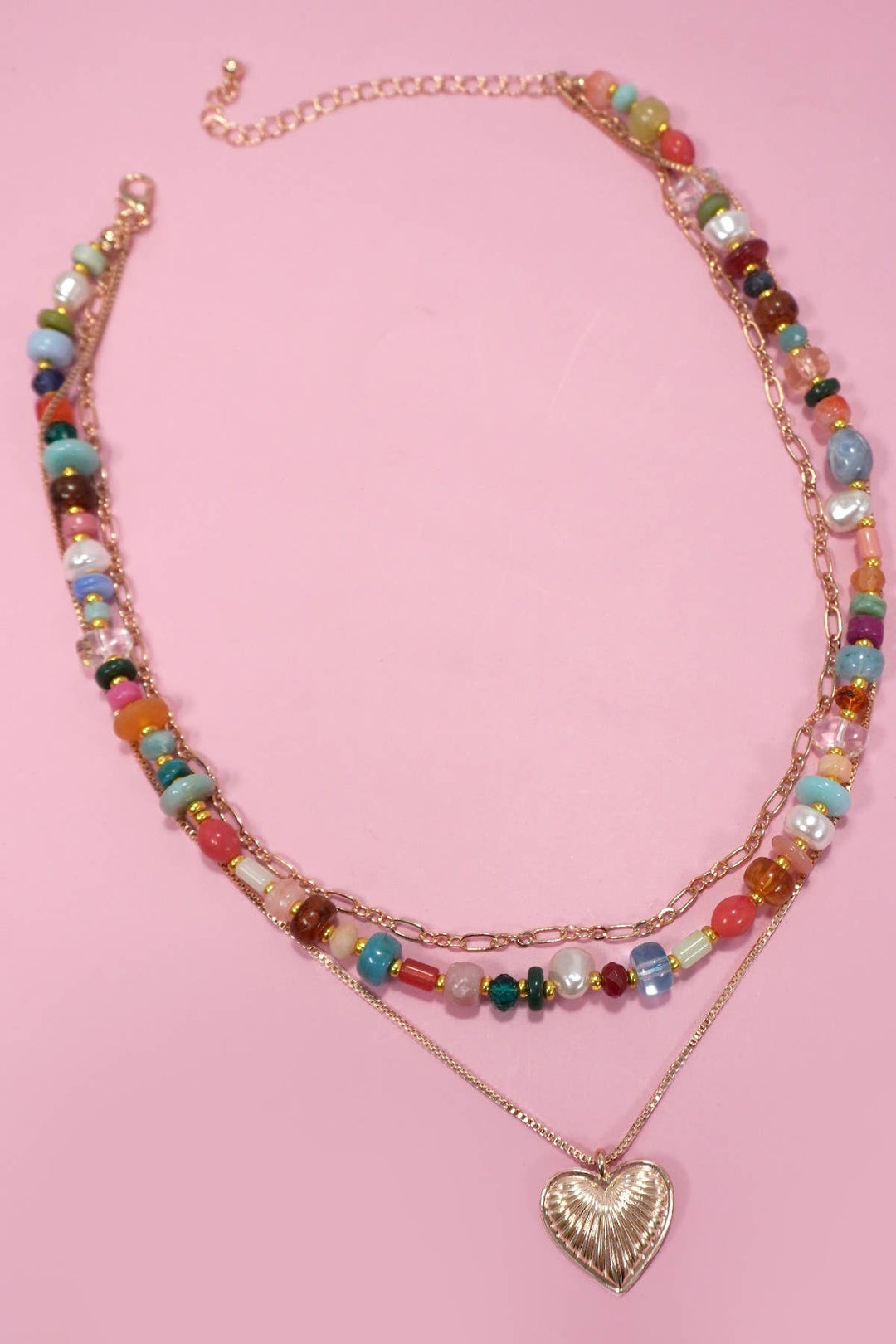 Accessories, Necklaces - MULTI LAYERED BEADED HEART CHARM NECKLACE | 80N1244 - GOLD - Cultured Cloths Apparel