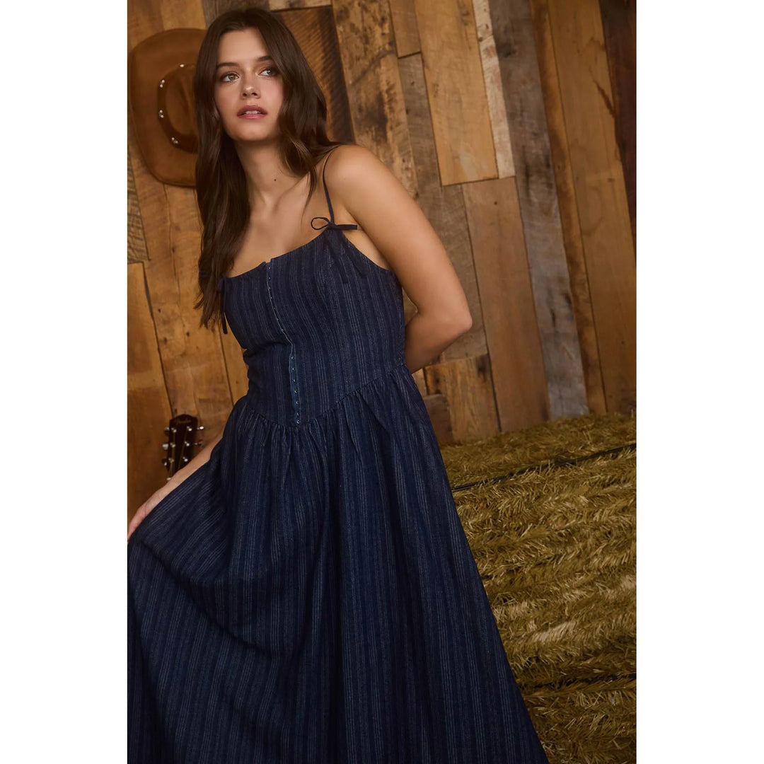 STRIPE FRONT HOOK CORSET DENIM MIDI DRESS DENIM / Small STRIPE FRONT HOOK CORSET DENIM MIDI DRESS DENIM / Small