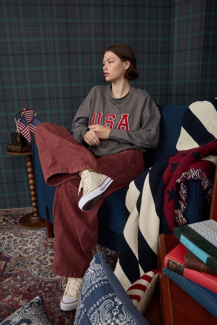 Women's Long Sleeve - USA VARSITY LETTER LONG SLEEVE KNIT TOP - - Cultured Cloths Apparel