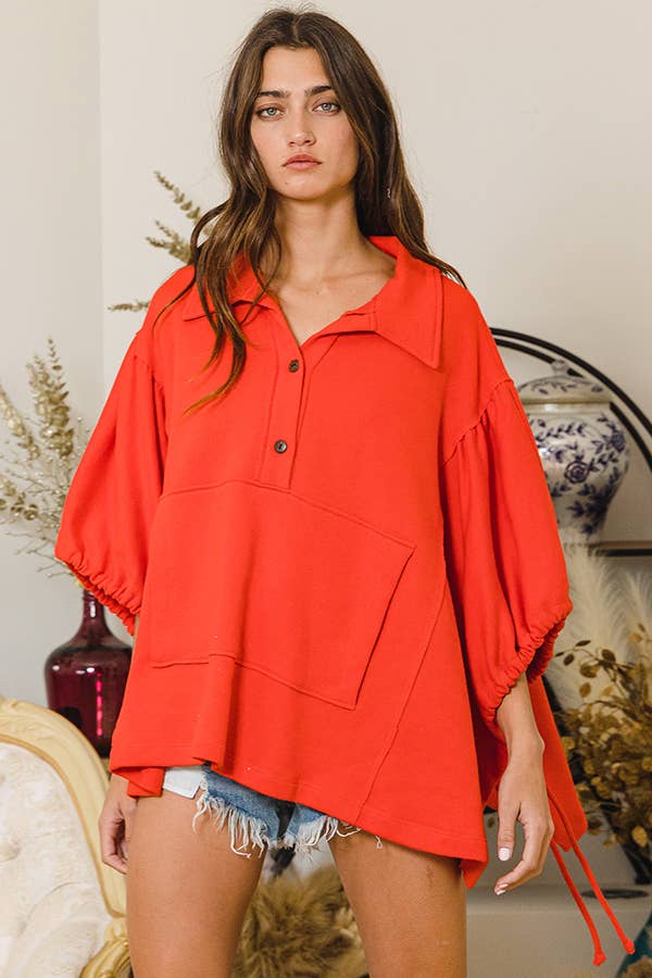 Women's Short Sleeve - Gray Oversized Drawstring Tie Sleeves Detail Solid Top - - Cultured Cloths Apparel
