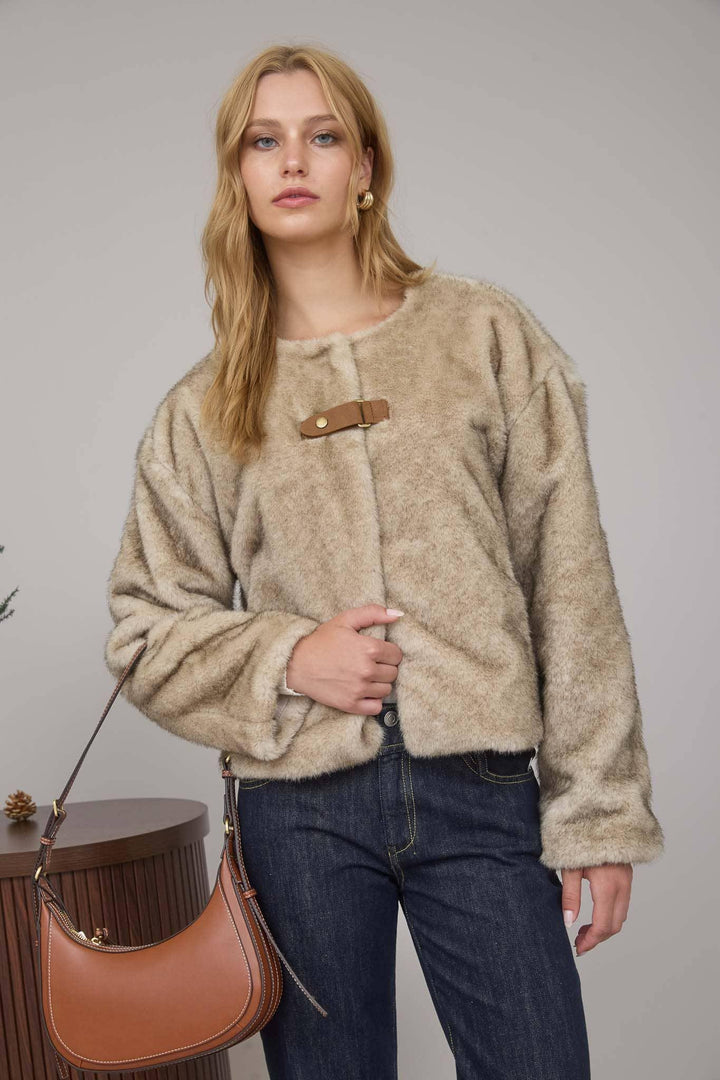 Outerwear - FAUX FUR FRONT TAB DETAIL COAT - - Cultured Cloths Apparel