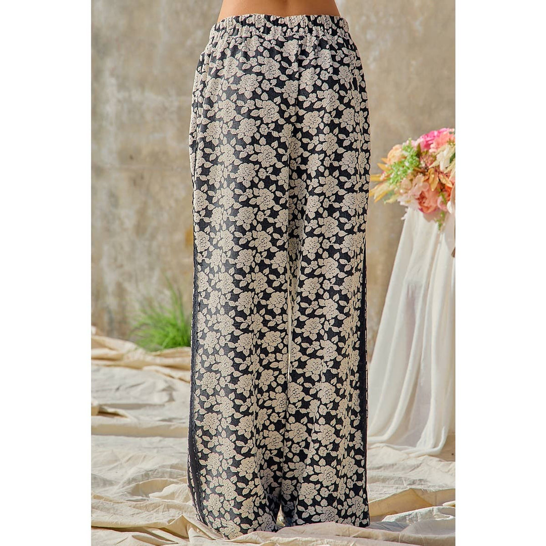 FLORAL JACQUARD SIDE LACE TRIM ELASTIC PANTS