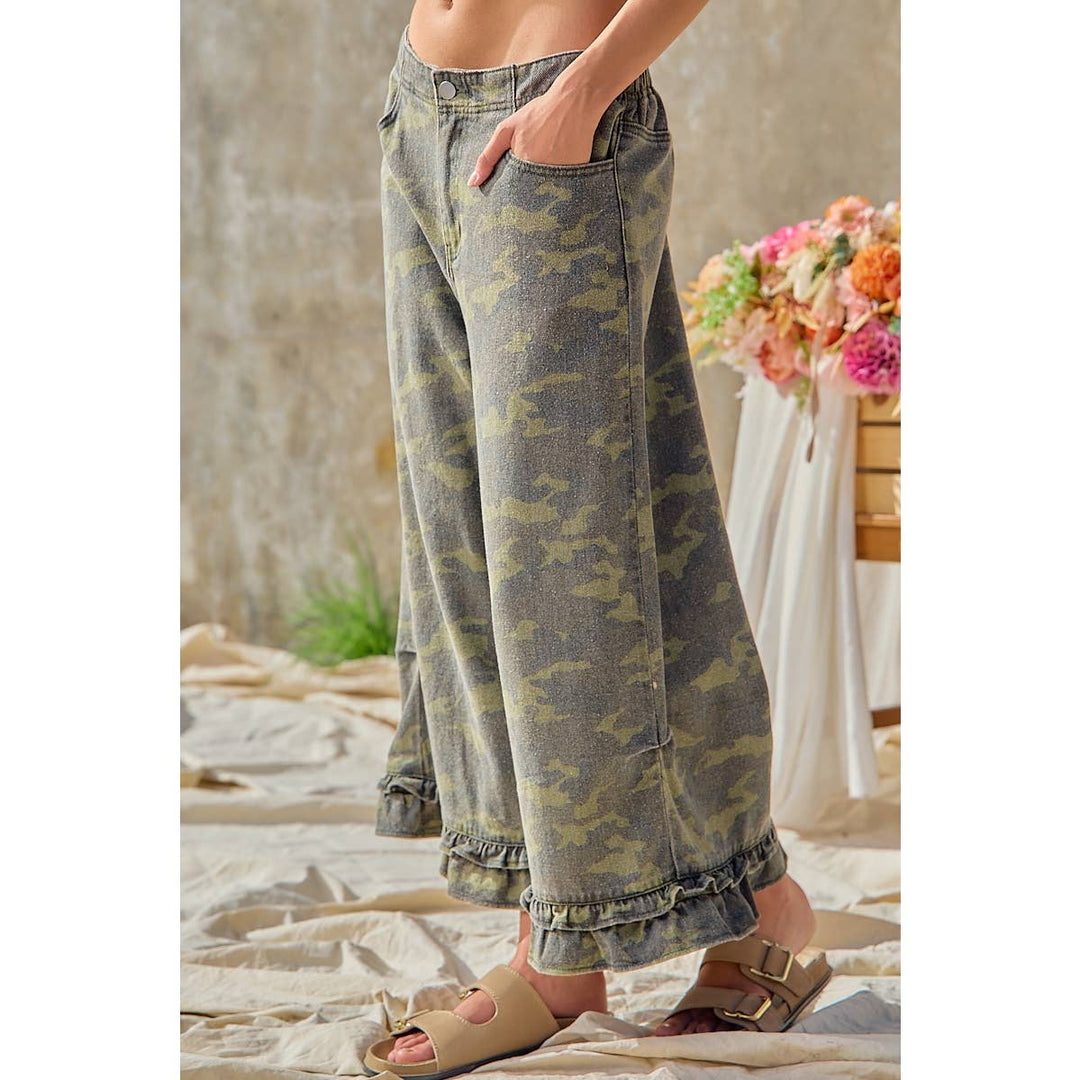 Pants - CAMOUFLAGE DENIM RUFFLED HEM MID RISE PANTS - - Cultured Cloths Apparel