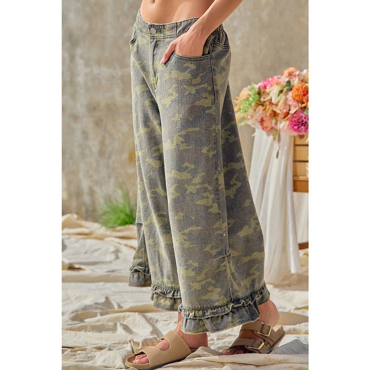 Pants - CAMOUFLAGE DENIM RUFFLED HEM MID RISE PANTS - - Cultured Cloths Apparel
