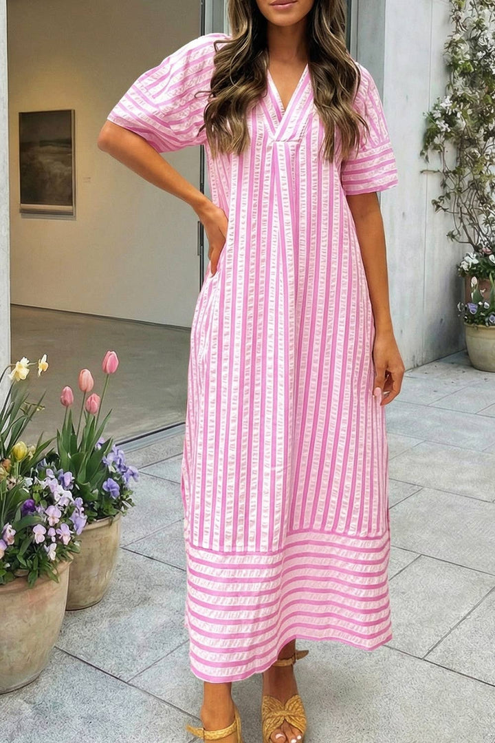 Women's Dresses - 66 Stripe V Neck Short Sleeve Shift Long Dress (S-XL) - - Cultured Cloths Apparel