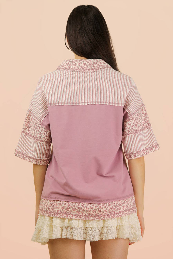 Women's Short Sleeve - Oversized Half Button Down Collared Knit Top - - Cultured Cloths Apparel