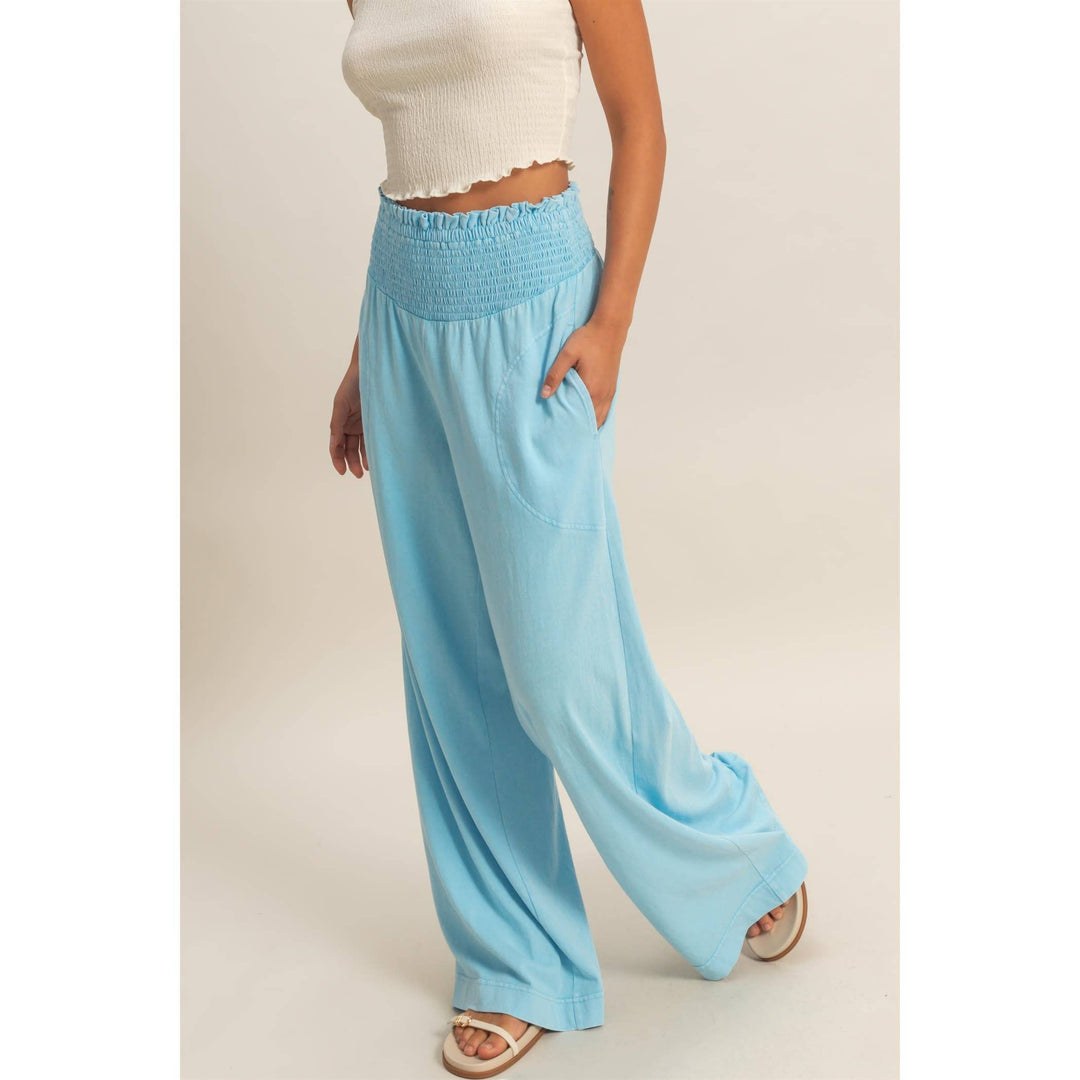 Mineral Washed Wide-Leg Smocked Waist Pants