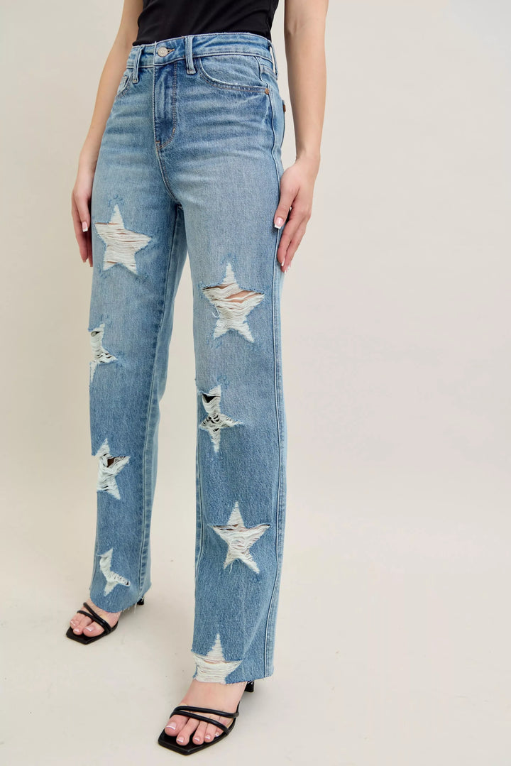 Denim - Judy Blue Full Size High Waist Rigid Magic Star Shaped Destroy 90's Straight Jeans Plus Size - - Cultured Cloths Apparel