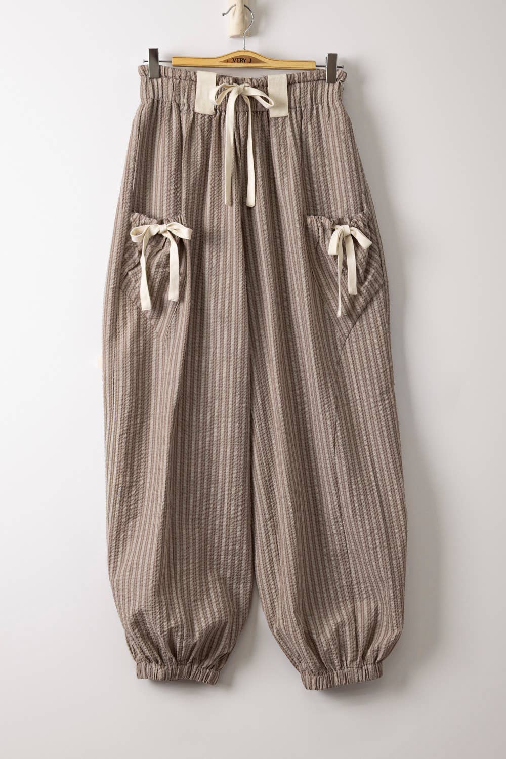 Pants - NP71004-Bow Detail Stripe Textured Woven Pants - - Cultured Cloths Apparel