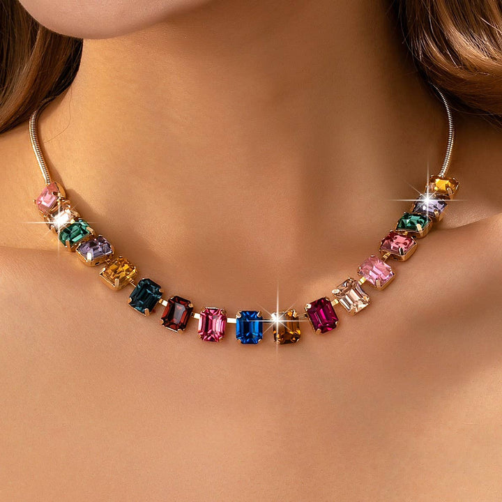 Accessories, Necklaces - Rainbow Emerald-Cut Gemstone Statement Necklace - Gold - Cultured Cloths Apparel