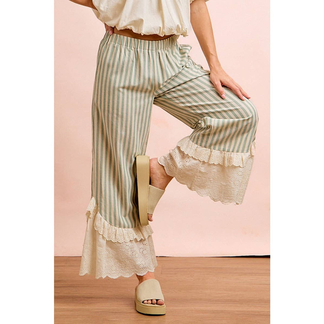 Pants - STRIPE WOVEN RUFFLED LACE HEM PANTS WITH SIDE POCKET - EUCALYPTUS - Cultured Cloths Apparel