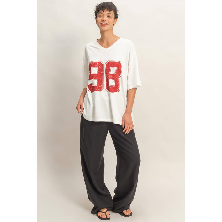 Graphic T-Shirts - Oversized Varsity Style V-Neck Graphic T-Shirt - - Cultured Cloths Apparel