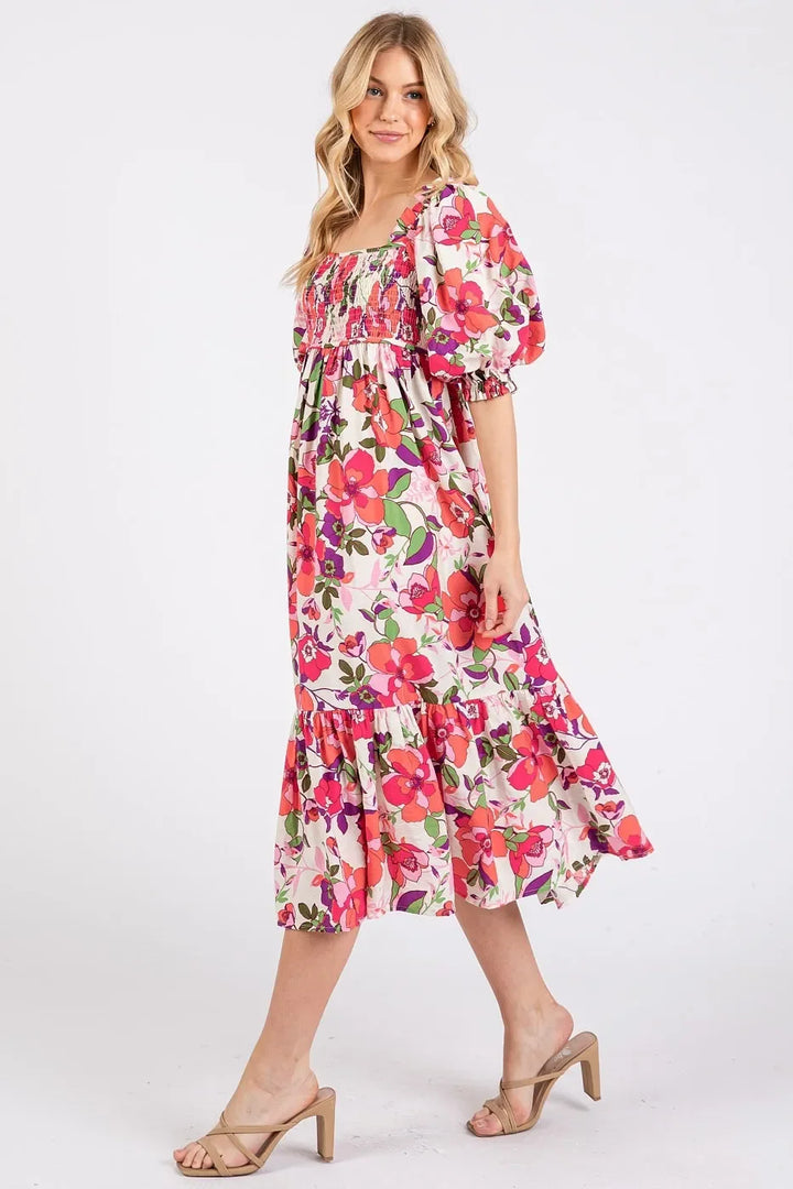 Women's Dresses - Mittoshop Flower Print Puff Sleeve Ruffle Smocked Midi Dress - - Cultured Cloths Apparel