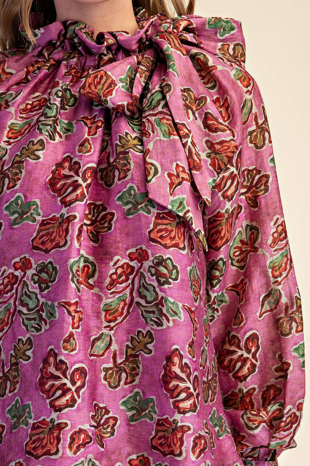 Ruffle Tie Neck Long Sleeve Print Blouse