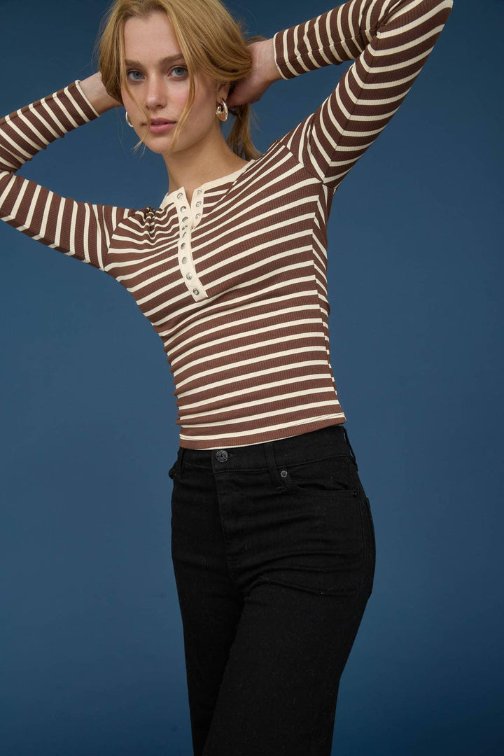 Women's Long Sleeve - STRIPE SNAP BUTTON HENLEY RIB KNIT TOP - - Cultured Cloths Apparel