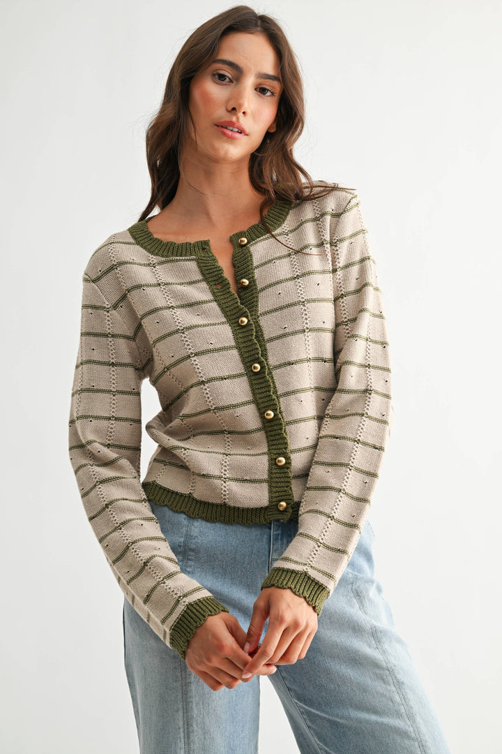 Olive Trim Button-Up Cardigan