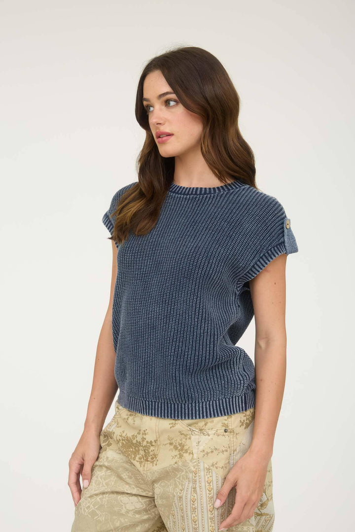 Women's Short Sleeve - WASHED KNIT SHORT TAB SLEEVE PULLOVER SWEATER - - Cultured Cloths Apparel