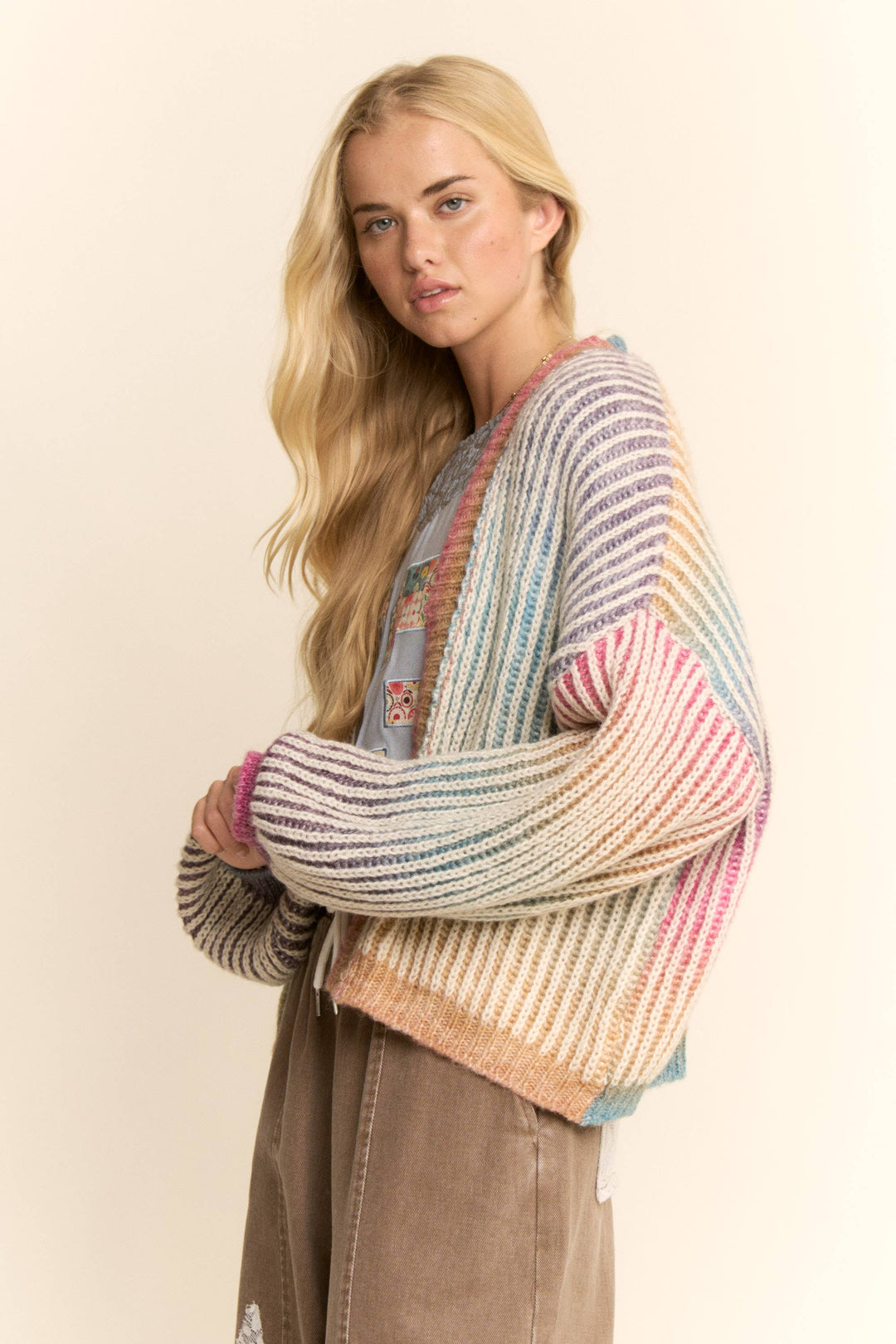 Rainbow Ombre Ribbed Knit Open Cardigan