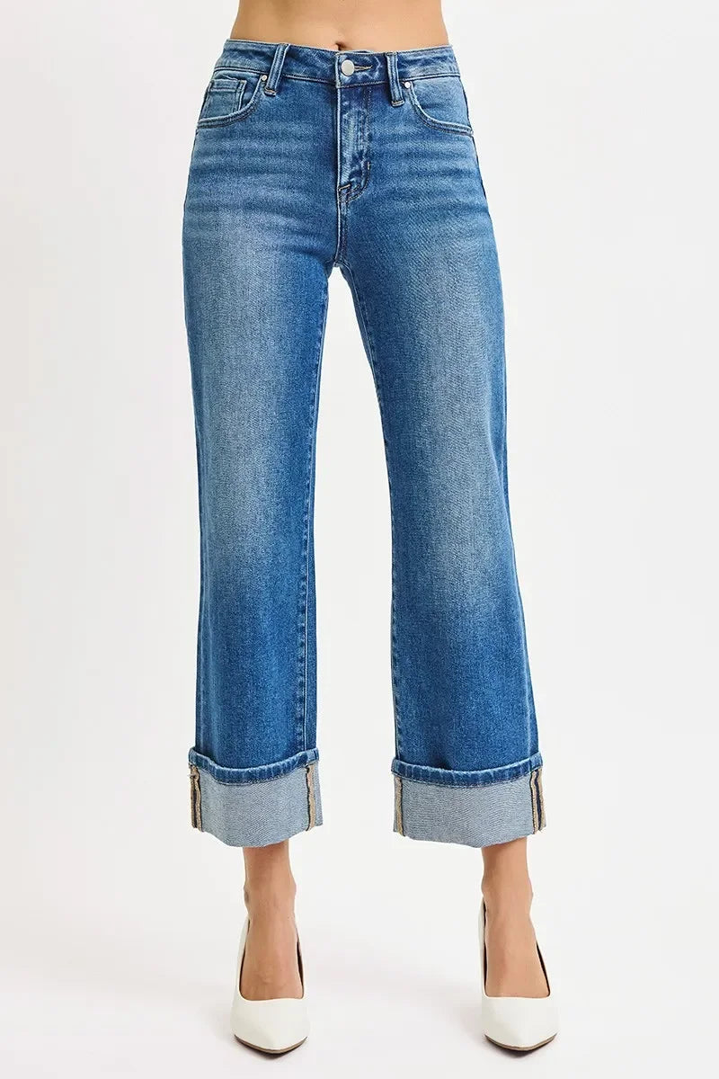 Denim - RISEN Full Size Mid Rise Crop Straight Cuffed Jeans - - Cultured Cloths Apparel
