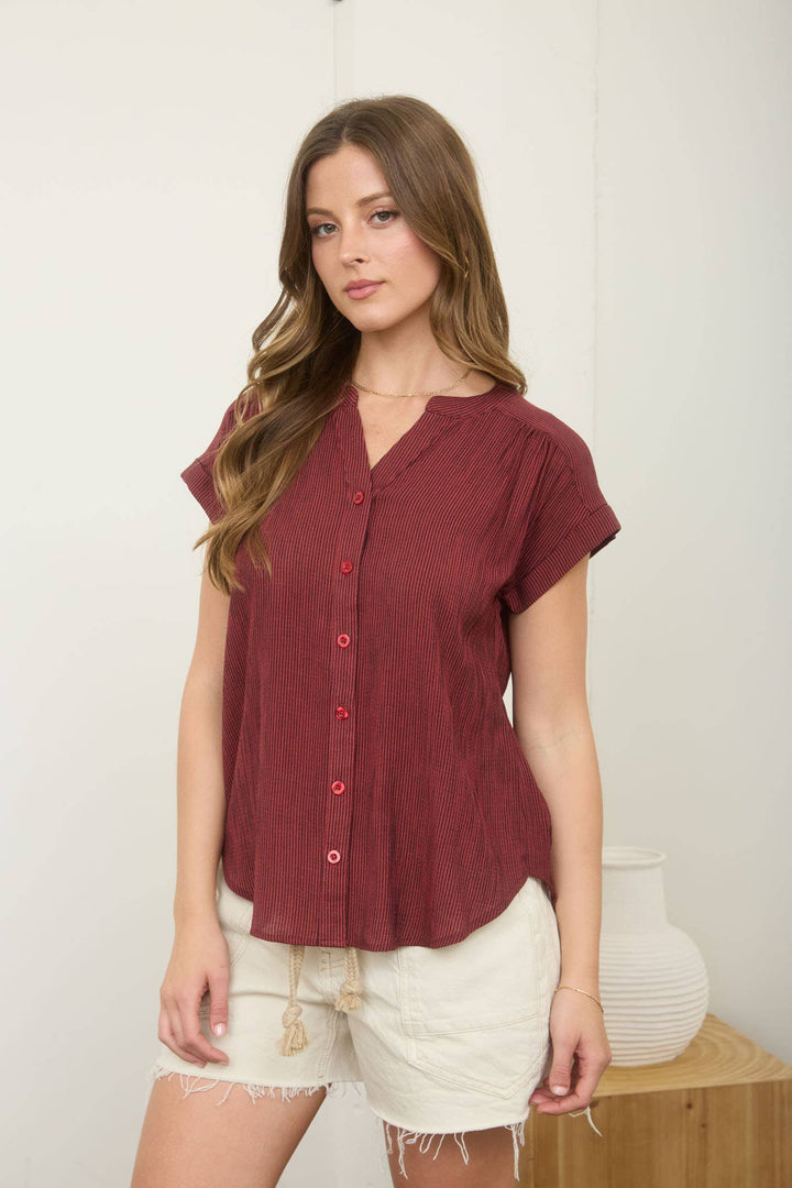 Women's Short Sleeve - PINSTRIPE SHORT CUFF SLEEVE BUTTON DOWN SHIRT - - Cultured Cloths Apparel