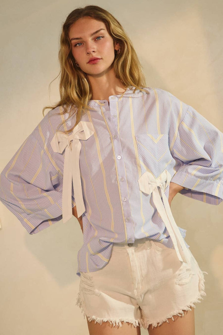 Women's Long Sleeve - Striped Bow Blouse - - Cultured Cloths Apparel