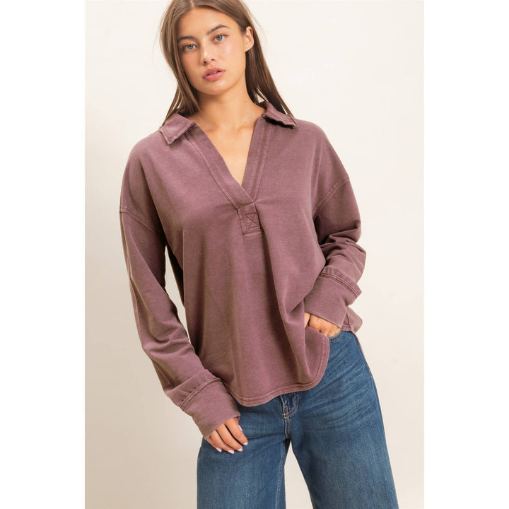 Mineral Washed Polo Collar Long Sleeve Top