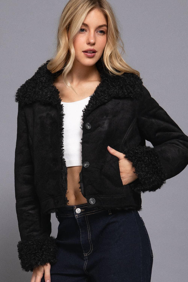 Outerwear - Long Sleeve Inside Fur Detail Penny Lane Suede Short Jacket - - Cultured Cloths Apparel