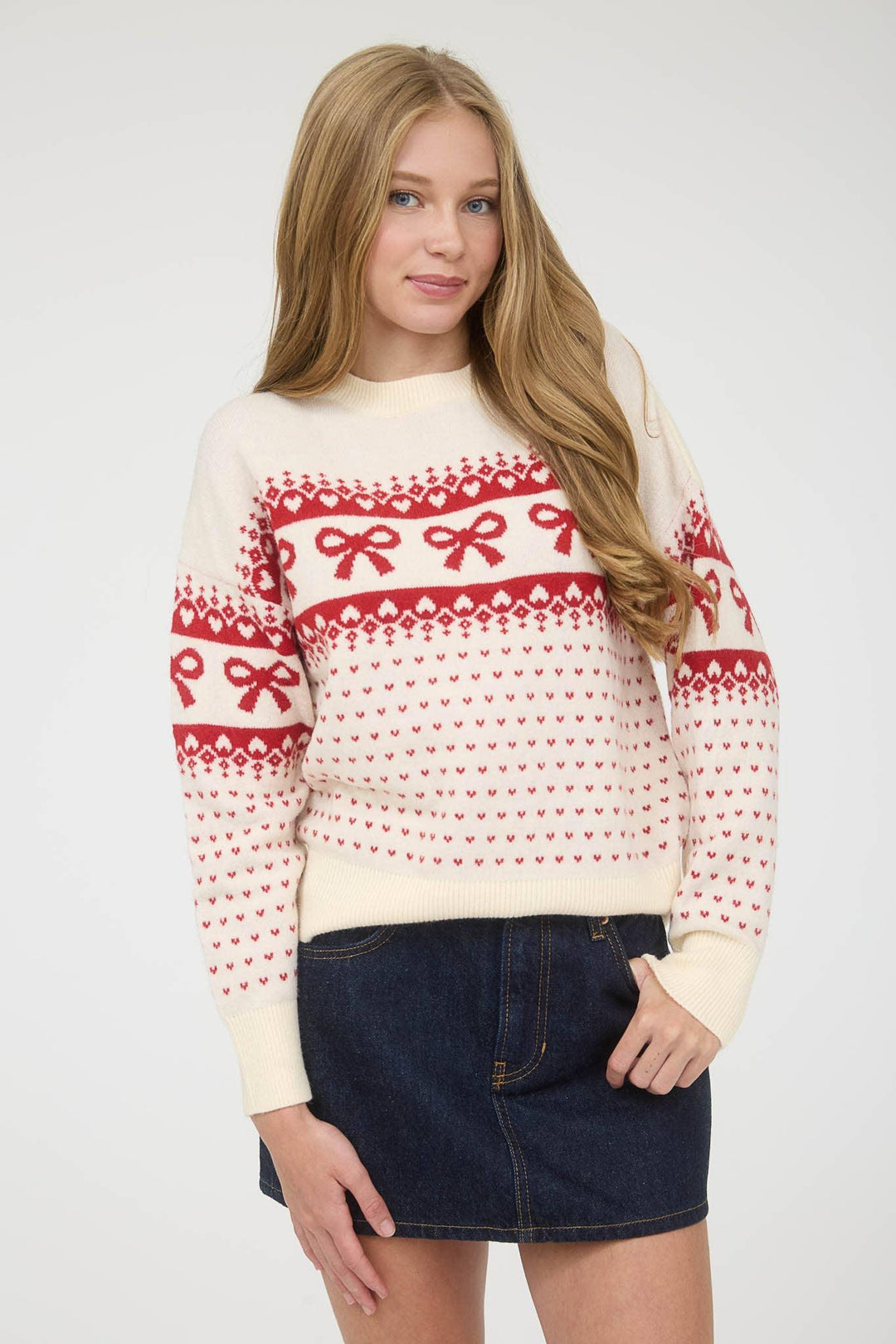 BOW AND HEART JACQUARD KNIT PULLOVER SWEATER