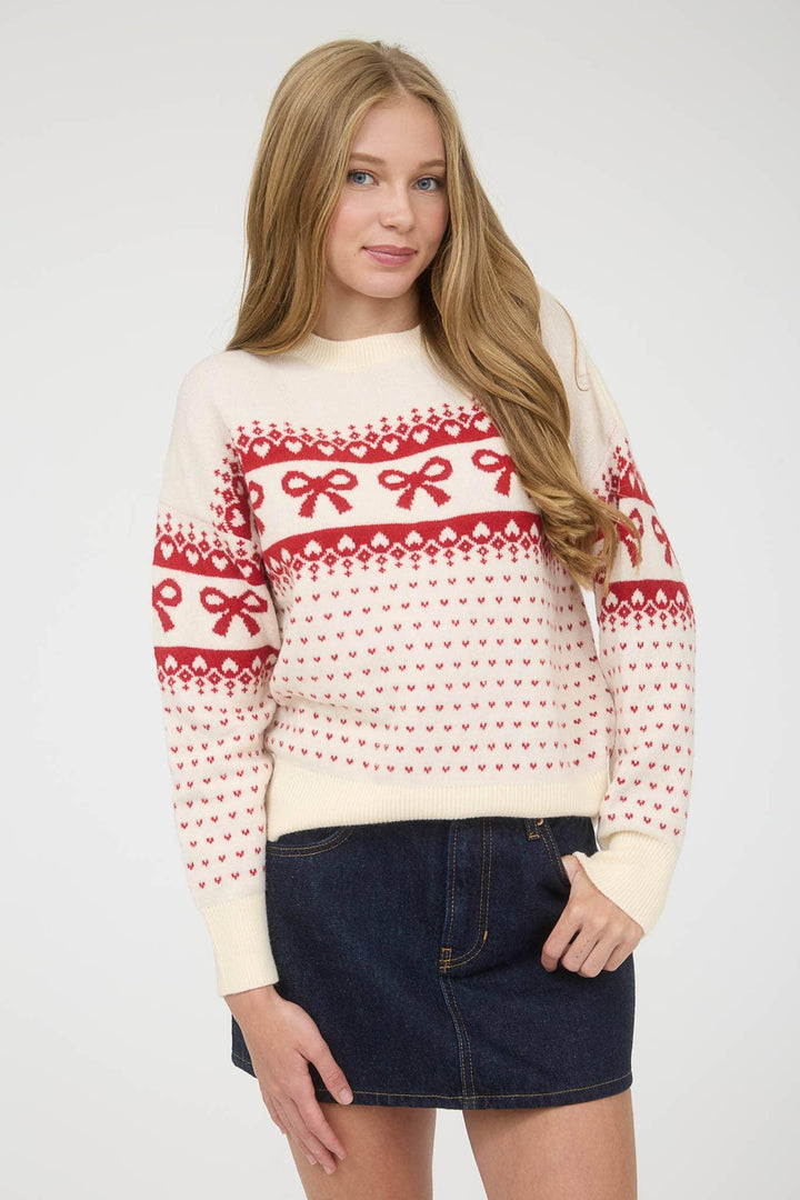 BOW AND HEART JACQUARD KNIT PULLOVER SWEATER