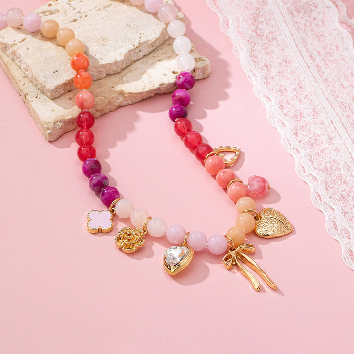 Accessories, Necklaces - Pastel Beaded Bow Heart Flower Charm Necklace | 80N92704 - - Cultured Cloths Apparel