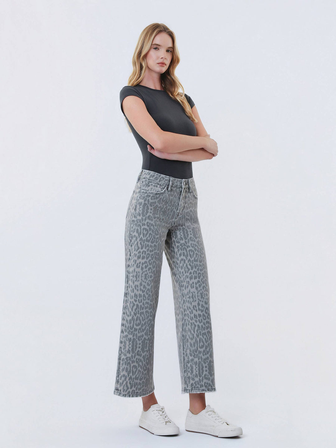 Denim - HIGH RISE GREY LEOPARD PRINT CROP WIDE LEG JEANS T7331GLP - - Cultured Cloths Apparel