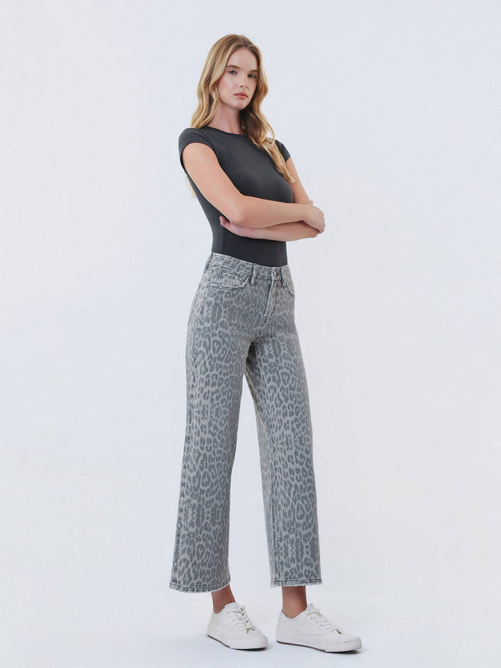 Denim - HIGH RISE GREY LEOPARD PRINT CROP WIDE LEG JEANS T7331GLP - - Cultured Cloths Apparel