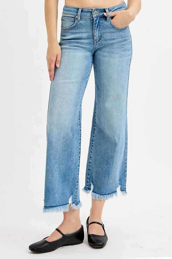 Denim - RISEN Full Size Mid Rise Crop Wide Leg Jeans Plus Size - LIGHT - Cultured Cloths Apparel