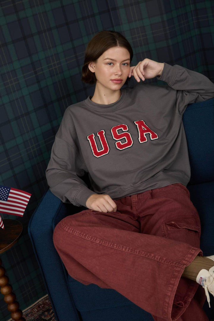 Women's Long Sleeve - USA VARSITY LETTER LONG SLEEVE KNIT TOP - - Cultured Cloths Apparel