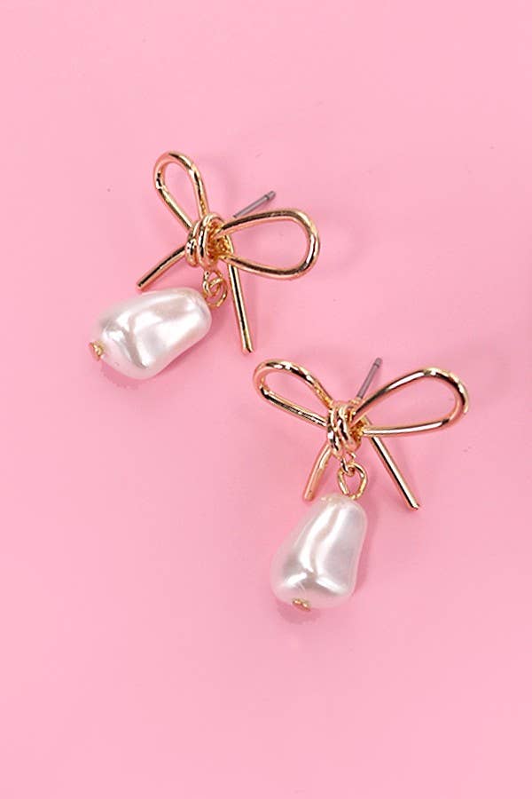 Accessories, Earrings - PEARL DANGLE GOLD BOW DROP EARRINGS | 80E2800 - - Cultured Cloths Apparel