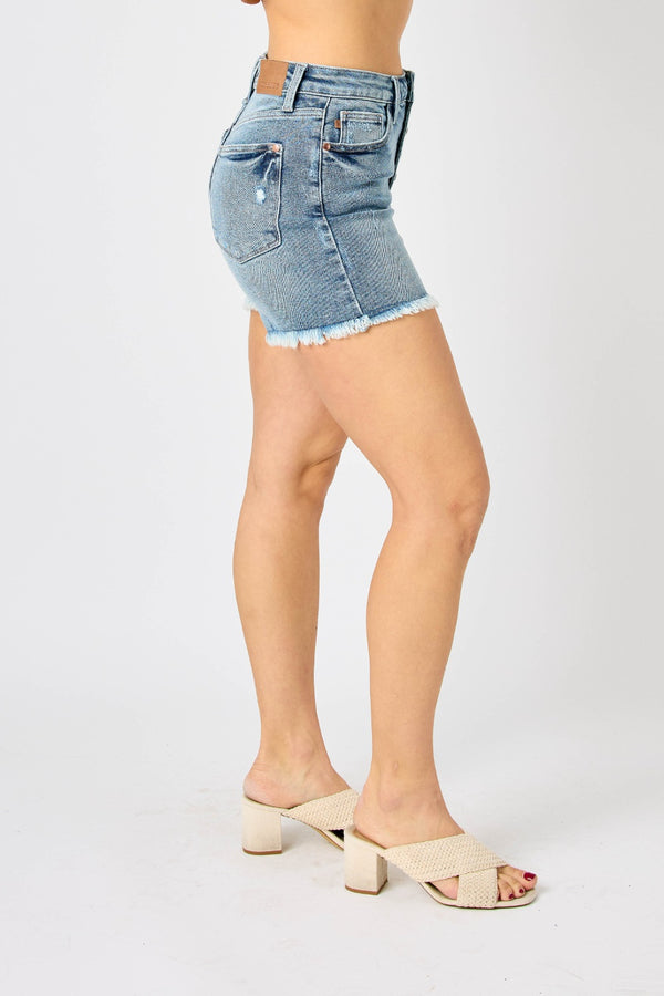Women's Shorts - Judy Blue Full Size Button Fly Raw Hem Denim Shorts -  - Cultured Cloths Apparel
