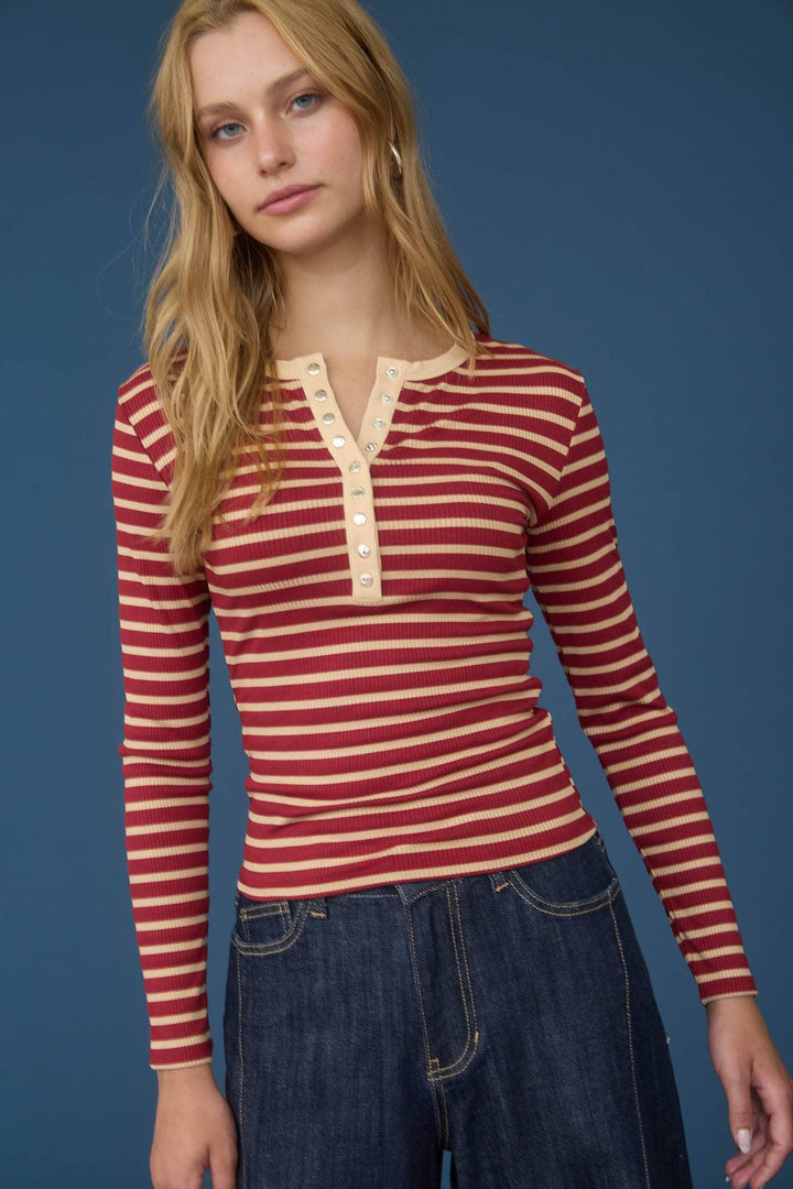 Women's Long Sleeve - STRIPE SNAP BUTTON HENLEY RIB KNIT TOP - DEEP RED - Cultured Cloths Apparel
