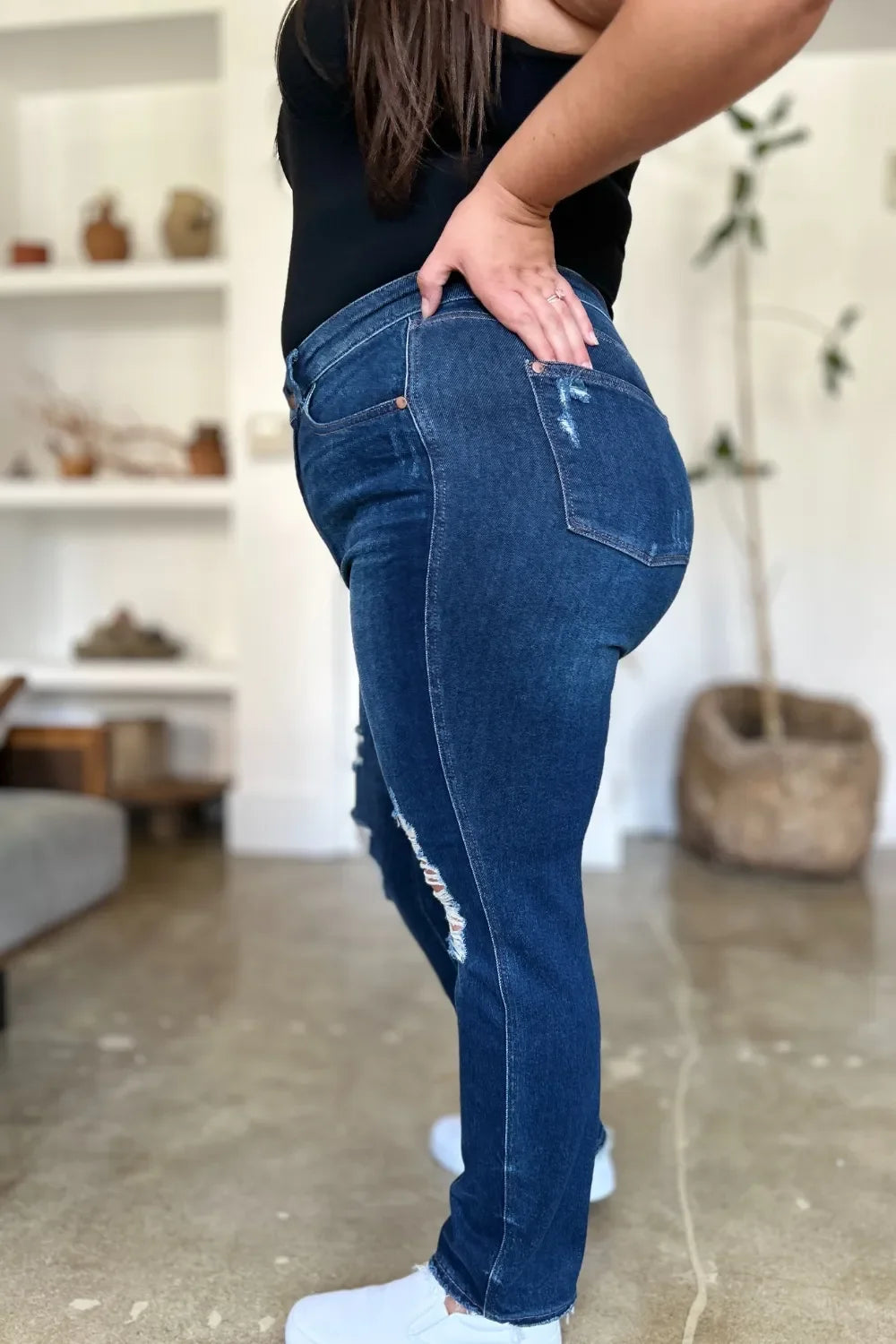 Denim - Judy Blue Full Size High Waist Rigid Magic Heavy Destroy Straight Jeans - - Cultured Cloths Apparel