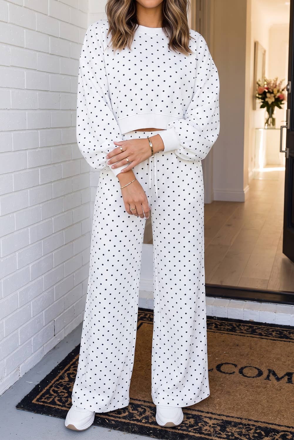 Polka Dot Casual Shift Drawstring Pants Set