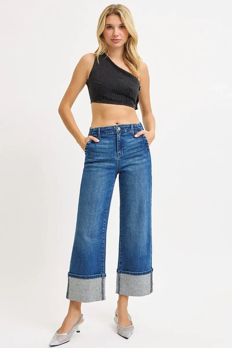 Denim - RISEN High Rise Ankle Wide Rhine Stone Cuffed Jeans - - Cultured Cloths Apparel