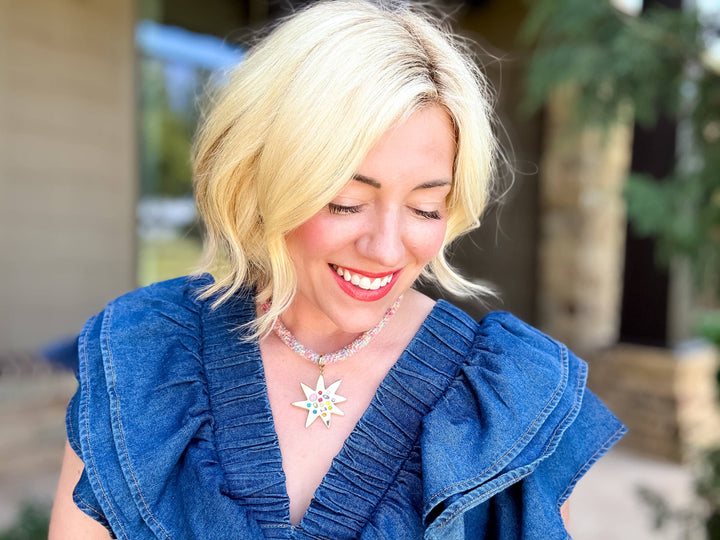 Textured Cord Necklace - Gold Sunburst Charm - Blakely