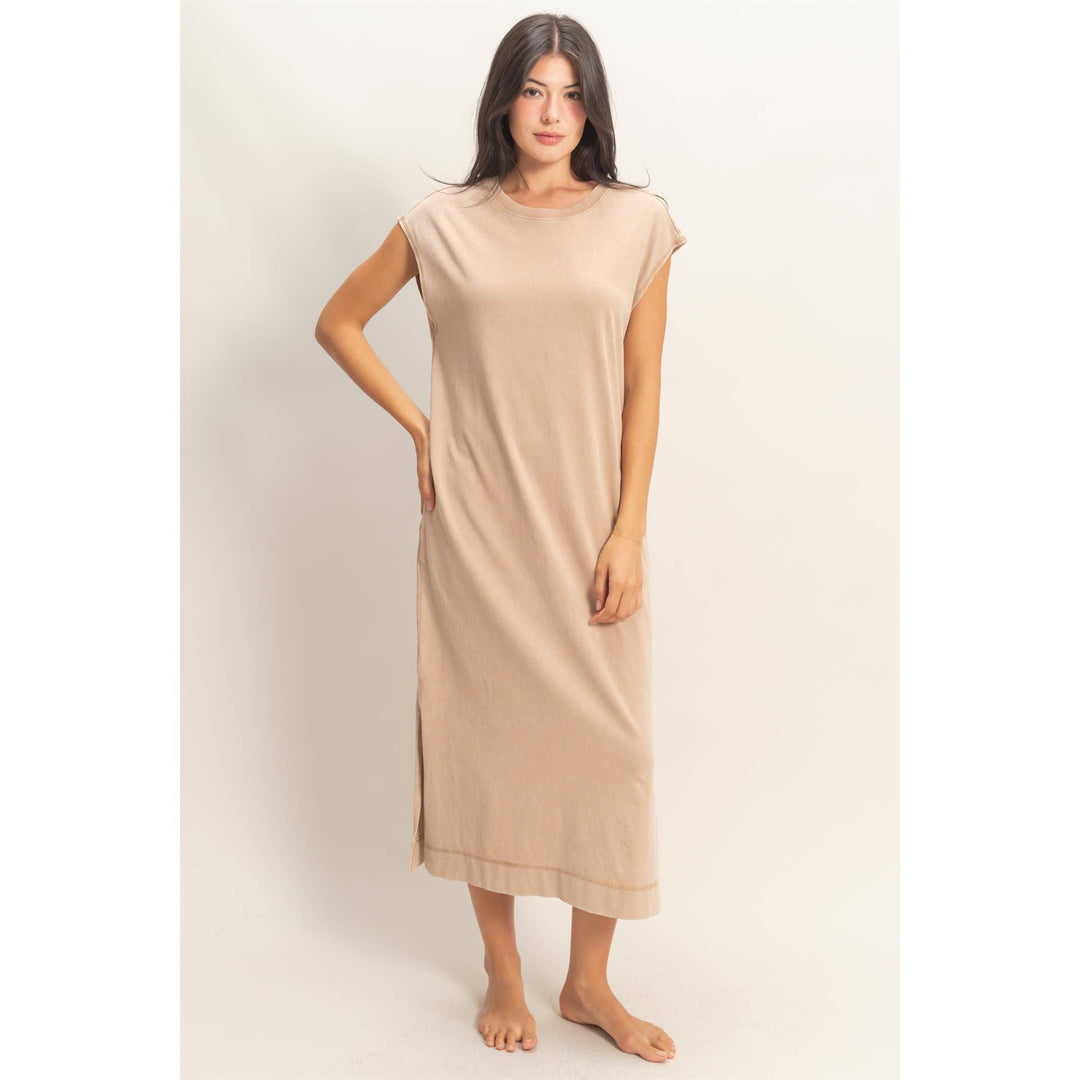 Chocolate Mineral Wash Cap Sleeve Midi Dress