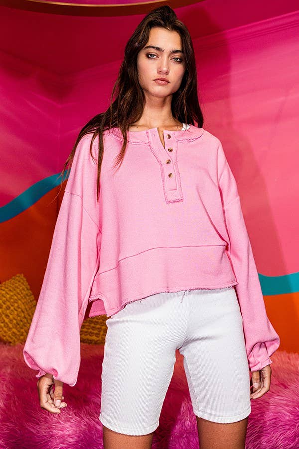 Lantern Sleeve Button-up French Terry Crop Top