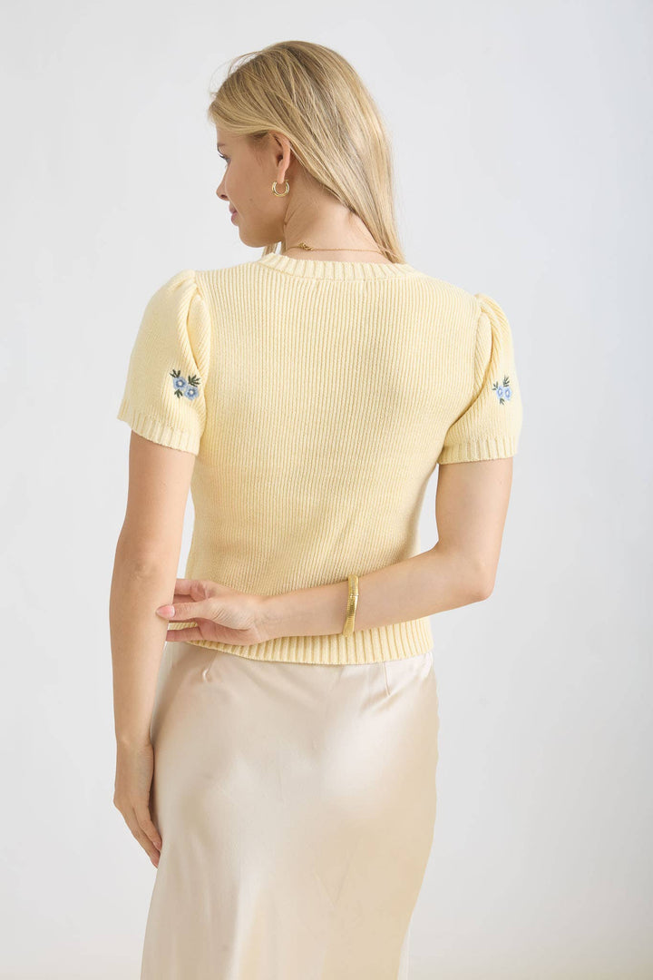 Women's Short Sleeve - FLORAL EMBROIDERY ROUND NECK SHORT SLEEVE SWEATER - - Cultured Cloths Apparel