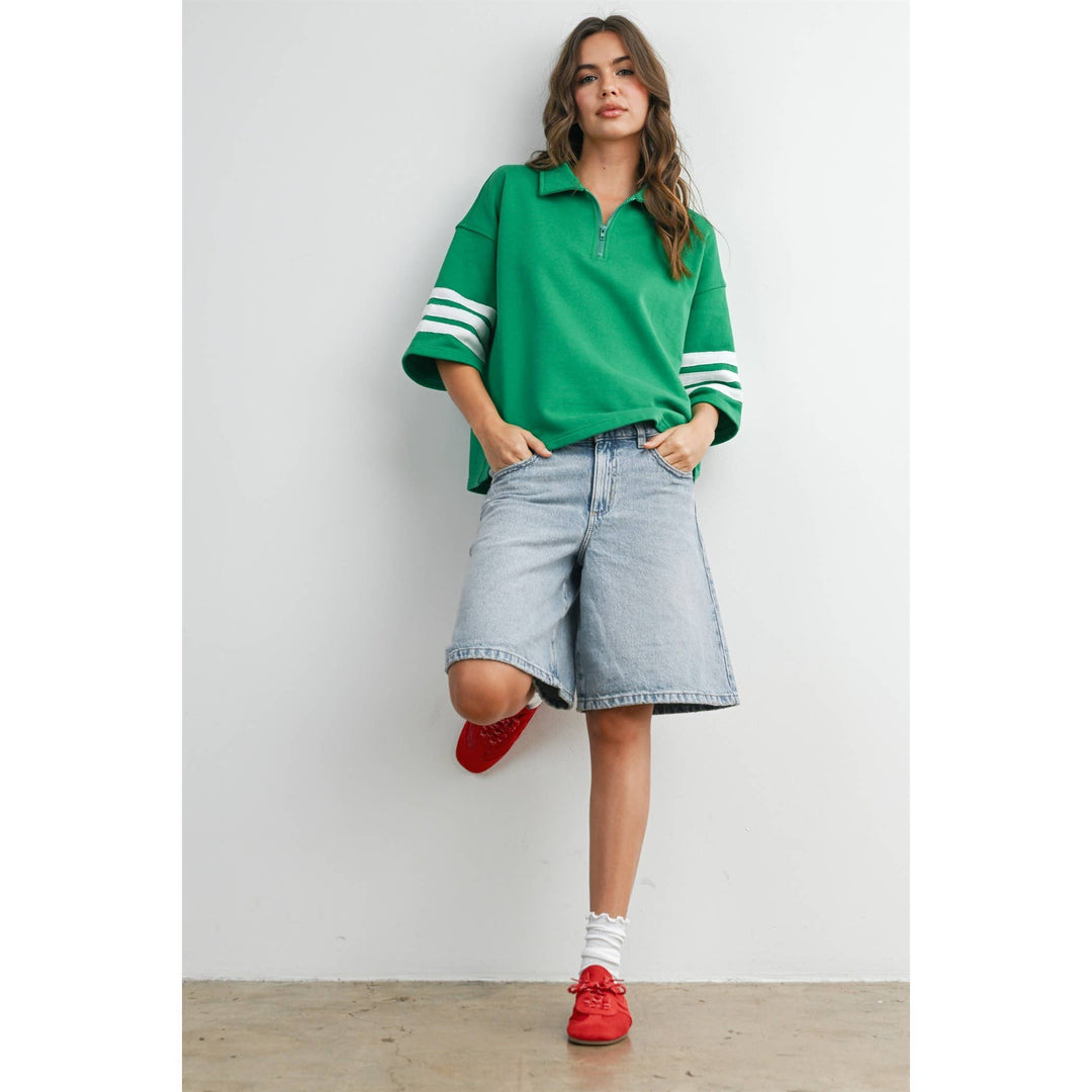 Women's Short Sleeve - Striped Sleeve Quarter-Zip Pullover - - Cultured Cloths Apparel