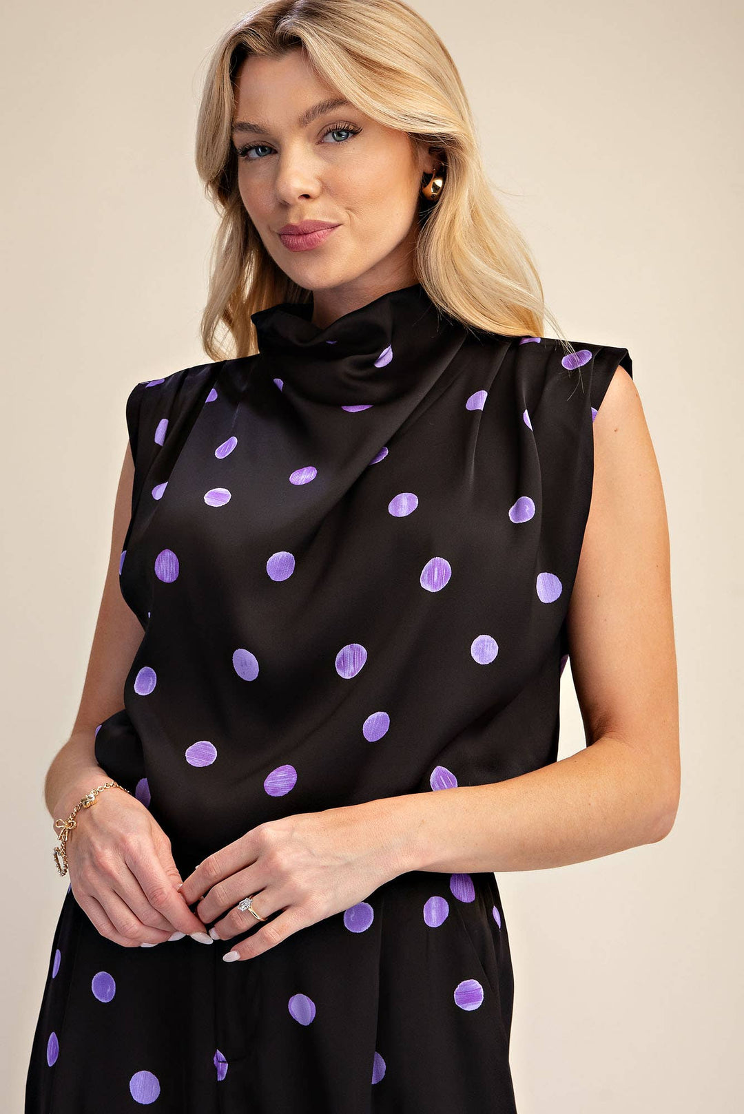Cowl Mock Neck Pleats Shoulder Sleeveless Top Polka Dot